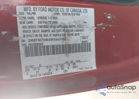 1998 Mercury Grand Marquis z USA, uszkodzony, nr VIN 2MEFM75W4WX665562